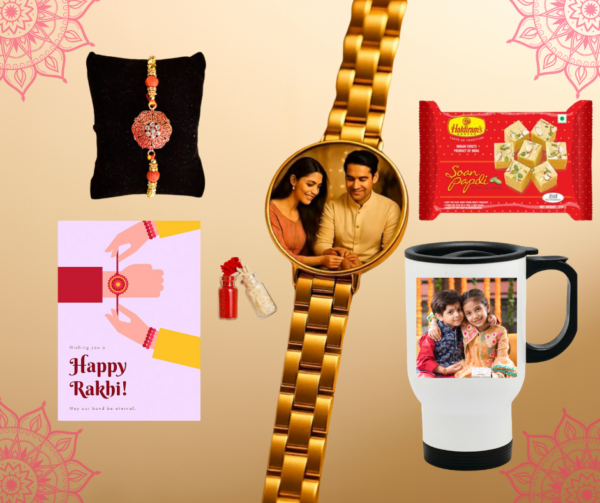 Personalised family Rakhi sonpapadi and a customised Traveller mug