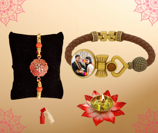 Personalised Ellegant Damru Rakhi with Decorative Metallic Designer Diya