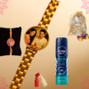 Personalised Bhaiya bhabhi Rakhi with a branded body spray and cookies