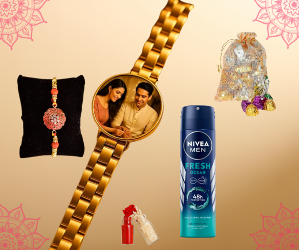 Personalised Bhaiya bhabhi Rakhi with a branded body spray and cookies