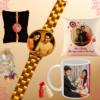 Personalised bhaiya bhabhi Rakhi with cookies, customised cushion & Mug