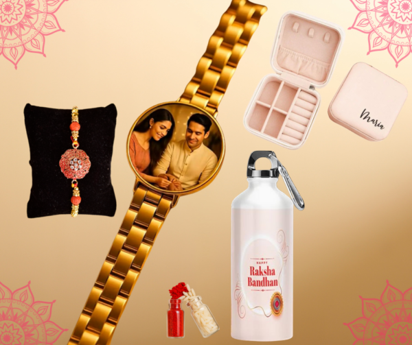 Personalised Bhaiya & bhabhi Rakhi with a customised sipper bottle and Mini organiser