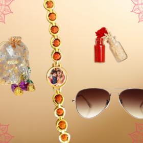 Personalised Rudraksh Rakhi with a classic sunglass and cookies
