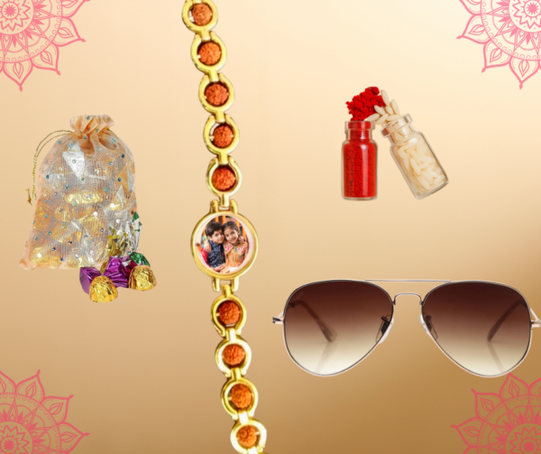 Personalised Rudraksh Rakhi with a classic sunglass and cookies